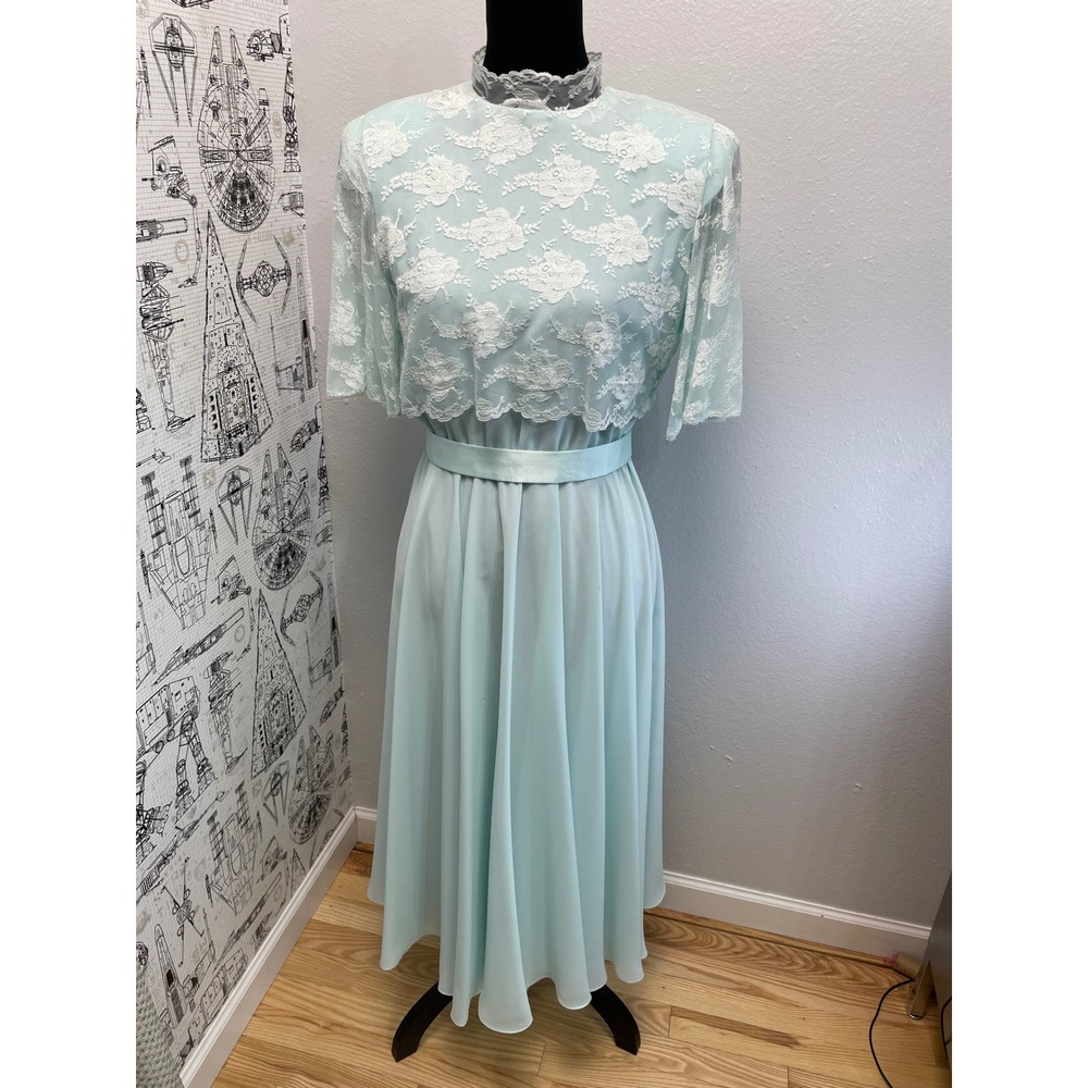 Ursula of Switzerland Dress Lace Chiffon Midi 10P Seafoam Blue Vintage 70-80's